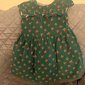3T green corduroy dress with red and pink flowers.